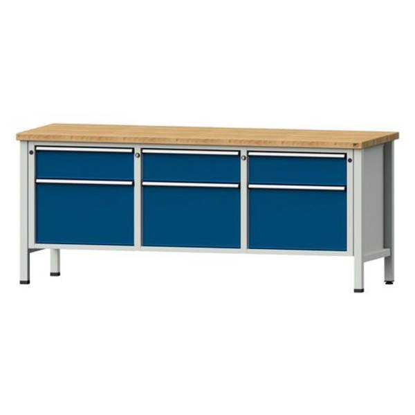 ANKE Kastenwerkbank Modell 223 V, 2000x700x840, Buche massiv, 6 Schubladen, blau