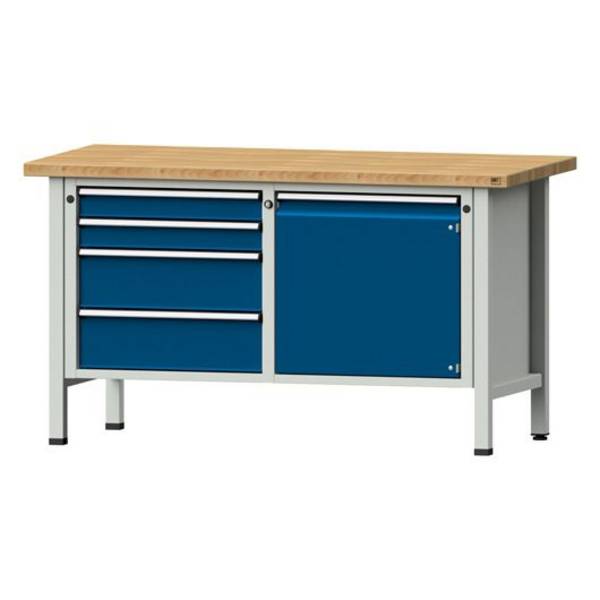 ANKE Kastenwerkbank Modell 131 V, 1500x700x840, Buche massiv, 4 Schubladen, 1 Tür, blau