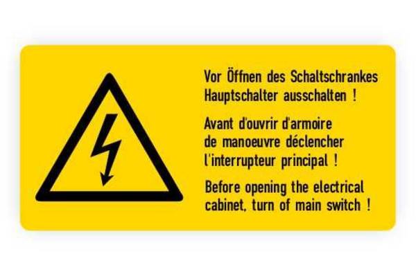 Warnaufkleber, Vor Öffnen ausschalten, 3-sprachig, Folie, 37x18 mm