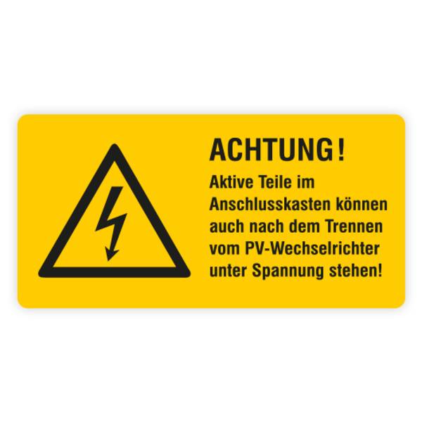 Warnaufkleber, ACHTUNG! Aktive Teile im Anschlusskasten..., Aufkleber, Folie, 74 x 37 mm