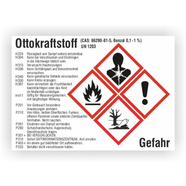 Gefahrstoffetikett Ottokraftstoff UN 1203, gemäß CLP/GHS, Folie, 148 x 105 mm