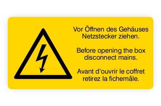 Warnaufkleber, Vor Öffnen Netzstecker ziehen, 3-sprachig, Folie, 37x18 mm-0