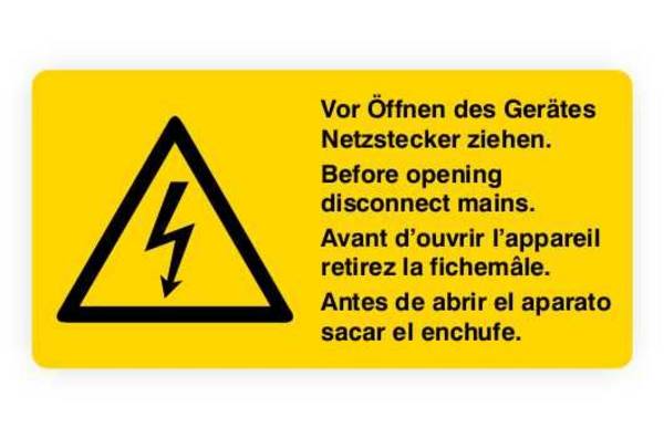 Warnaufkleber, Vor Öffnen Netzstecker ziehen, 4-sprachig, Folie, 52 x 26 mm