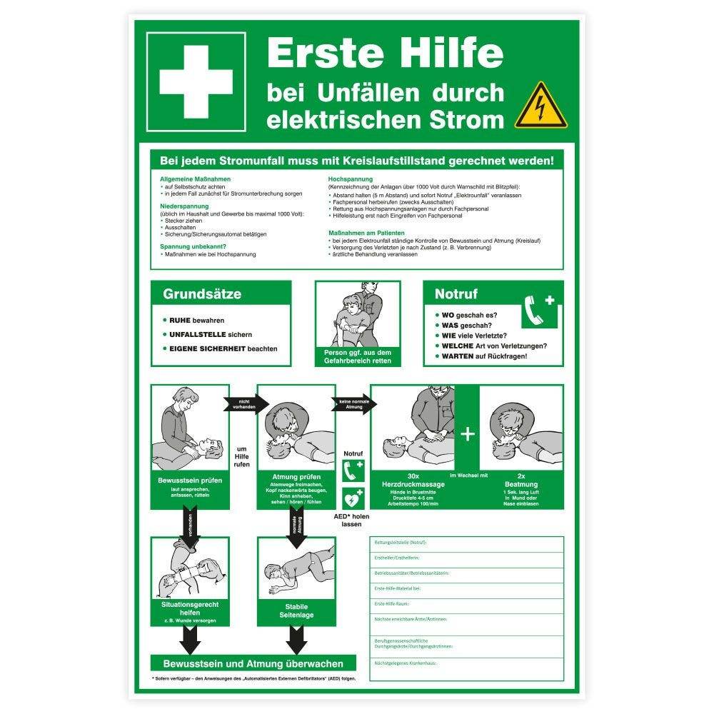 Sicherheitsaushang, Erste Hilfe bei Unfällen durch elektrischen Strom, Kunststoff, 400 x 600 mm-0