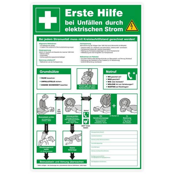 Sicherheitsaushang, Erste Hilfe bei Unfällen durch elektrischen Strom, Kunststoff, 400 x 600 mm