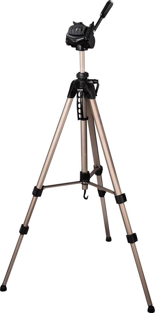 Ein dreibeiniges Kamerastativ mit verstellbarer Höhe aus Metall, geeignet für Fotografie und Videoaufnahmen.