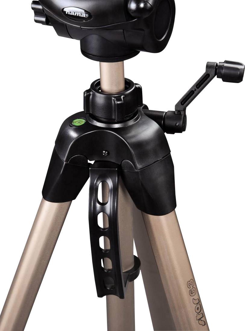 Ein Stativ aus Metall mit schwarzem Kunststoffkopf und verstellbarer Kurbel. Es hat dreieckige Beine mit einem Mittelsäulenmechanismus.