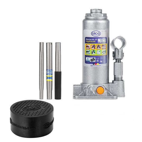 alca® Wagenheber Set hydraulisch 3 t, inkl. Gummiauflage, 195-380 mm Stempelheber aus Stahl im Bundle,