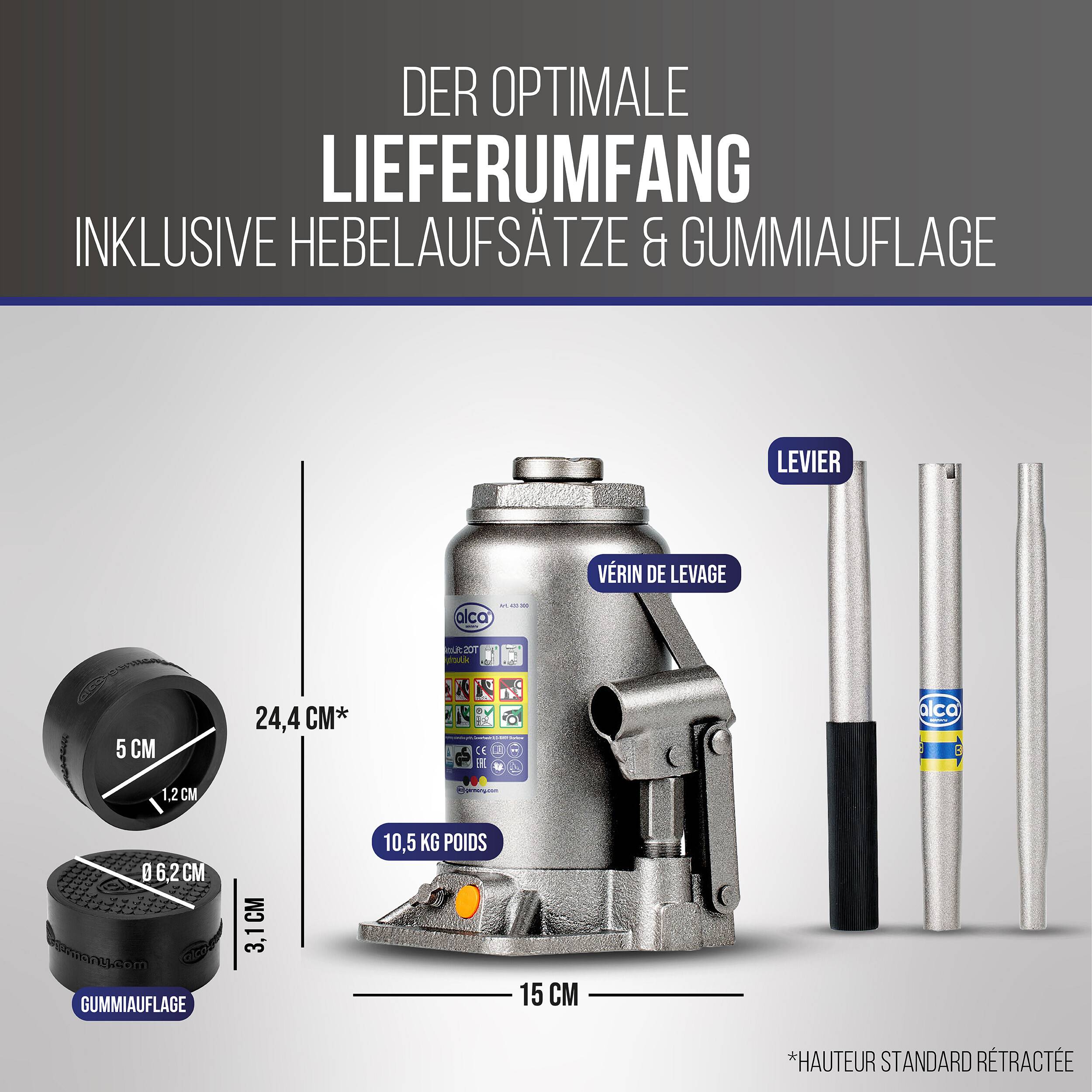 alca® Wagenheber Set hydraulisch 20 t 244-449mm Hubhöhe inkl. Gummiauflage Doppelkolben Stempelheber mit-2