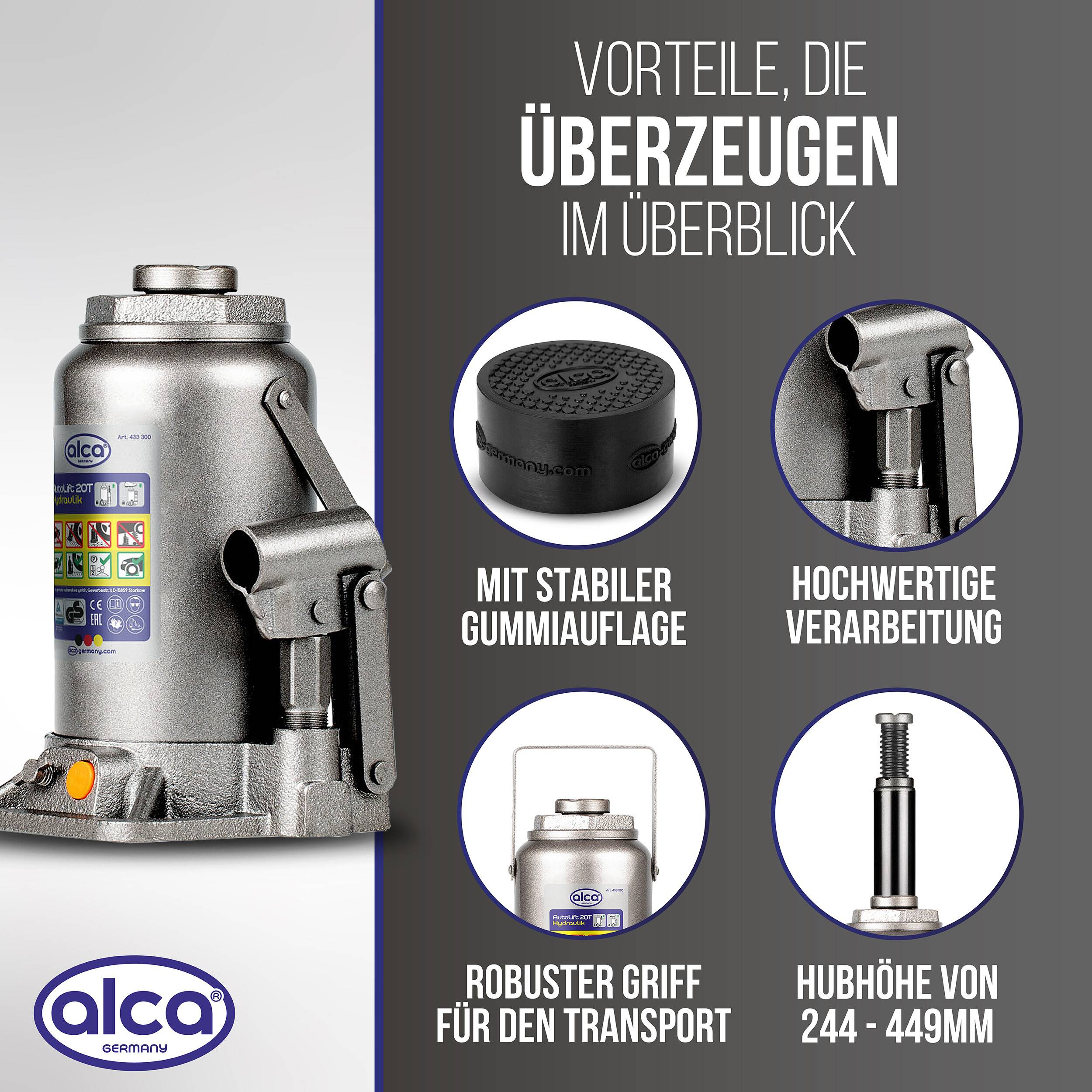 alca® Wagenheber Set hydraulisch 20 t 244-449mm Hubhöhe inkl. Gummiauflage Doppelkolben Stempelheber mit-4
