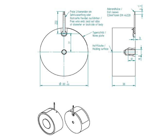 Kuhse Elektromagnet / Haftmagnet GTo 80.50 12V DC, Ø80 x 38mm, 2600N, 15W-2