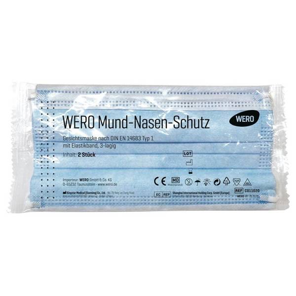 Gesichtsmaske nach DIN EN 14683 Typ 1, 2 Stk/Pkg, hygienisch verpackt