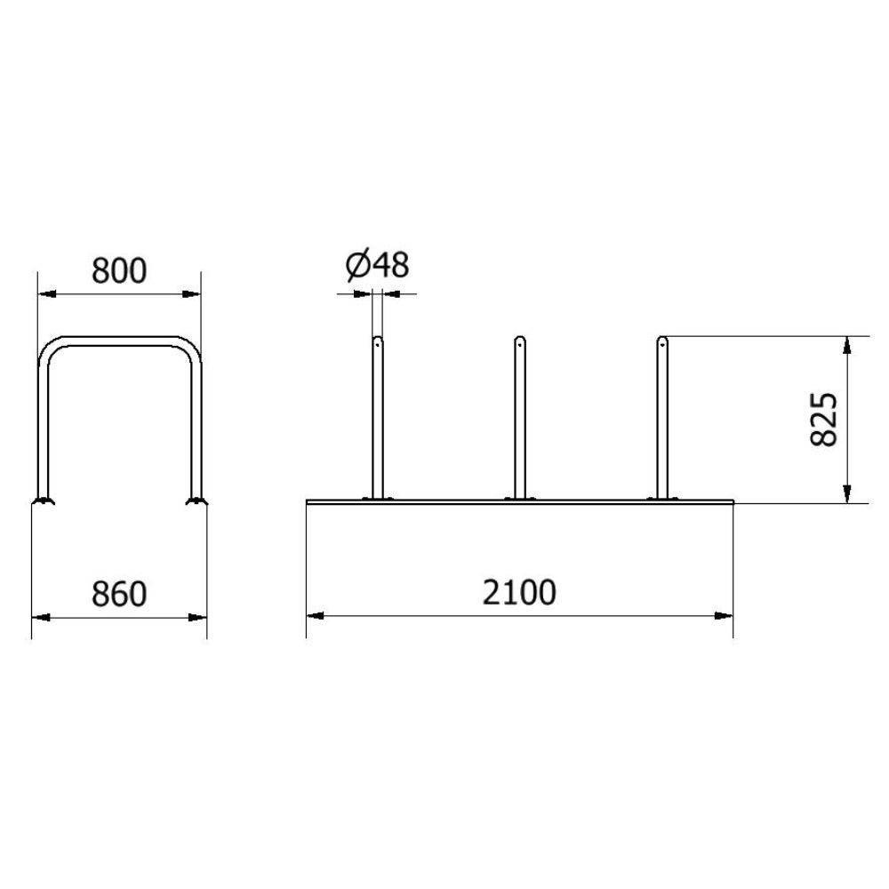 Anlehnbügel Schienensystem, 3 Bügel Stahlrohr Ø48 mm, 2100x800mm (LxB), zum Aufschrauben, grau-2