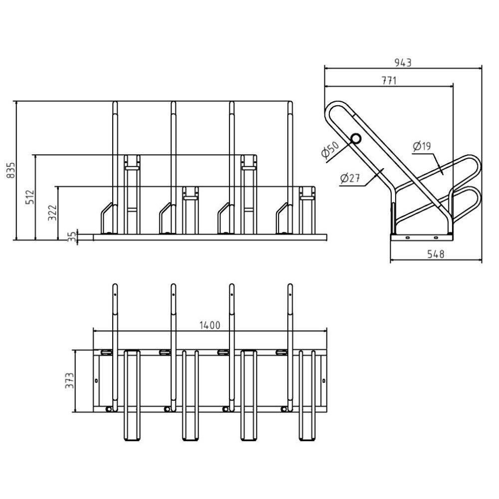Fahrradständer mit Anlehnbügel, Höhe 850mm, Länge 1400mm, Hoch-/Tiefstellung, einseitig, 4 Plätze-1