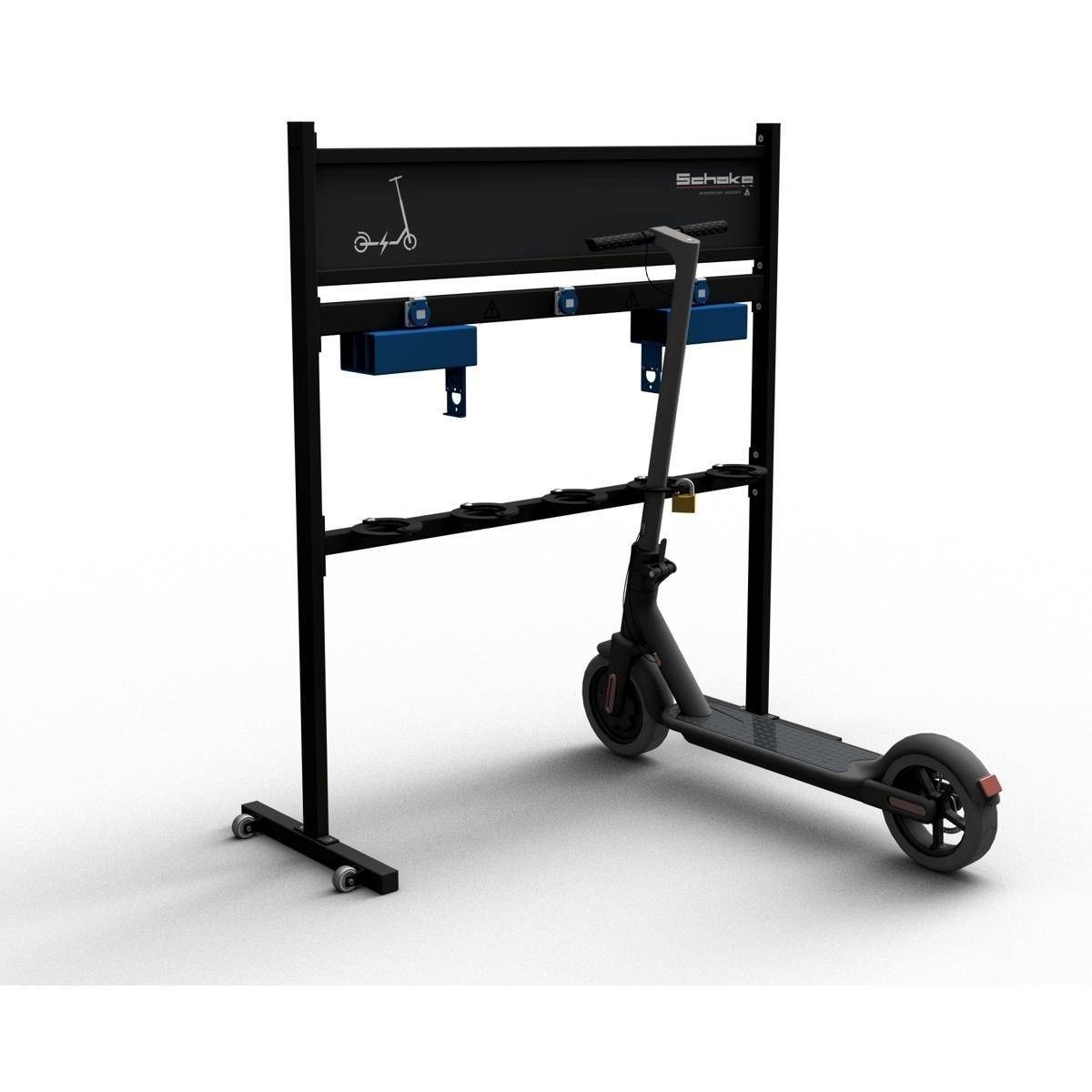 E-Scooterständer mobil, 5 Plätze mit Werbeschild, 3 Steckdosen IP54, 1300mm, Tiefschwarz-1
