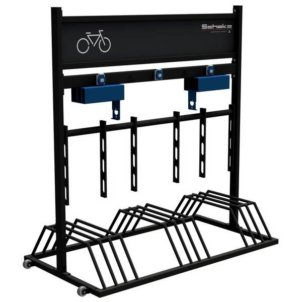 E-Bike Ständer mobil, mit Werbeschild, Halter schwenkbar, 3 Steckdosen IP54, 1300mm, Tiefschwarz