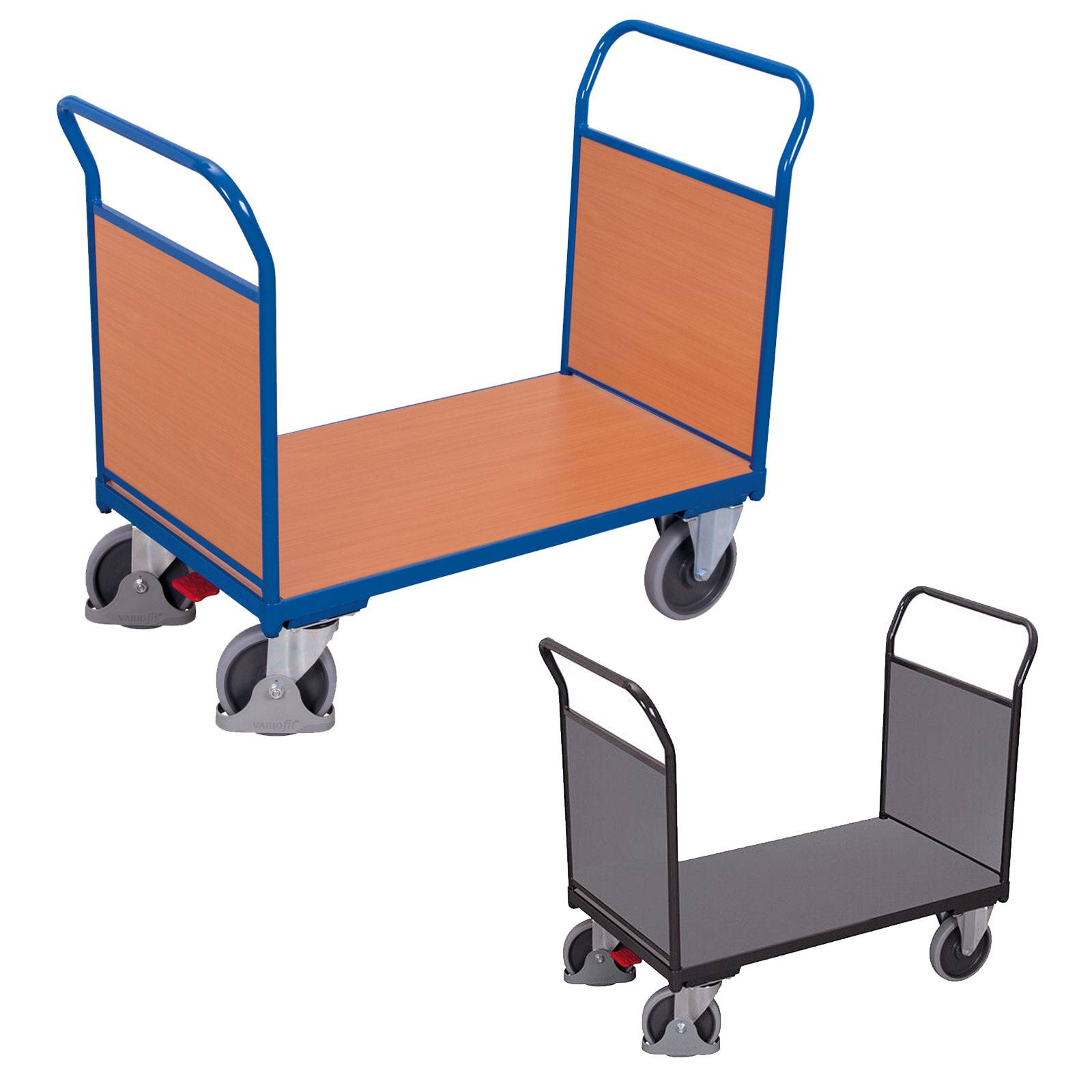 VARIOfit Doppel-Stirnwandwagen mit Holzwänden 1000x700mm Enzianblau RAL 5016-2