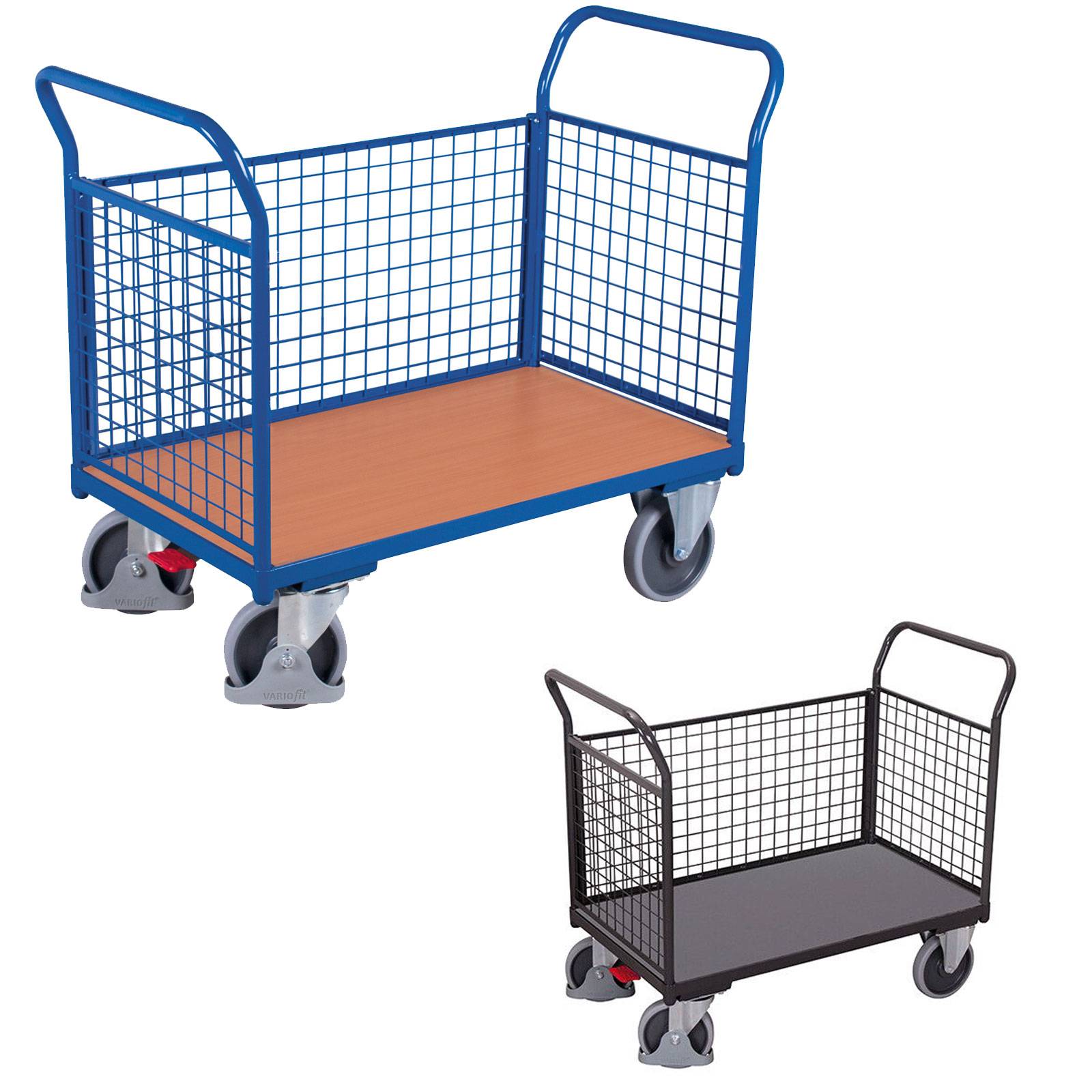 VARIOfit Dreiwandwagen mit Drahtgitter 1000x675mm Enzianblau RAL 5016-2