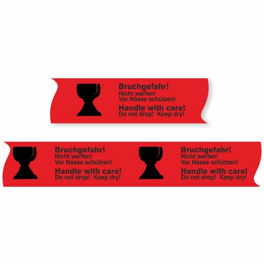 PVC-Paketband - Bruchgefahr! - Nicht werfen! Vor Nässe schützen! -, 50 mm x 66 m, rot / schwarz-0