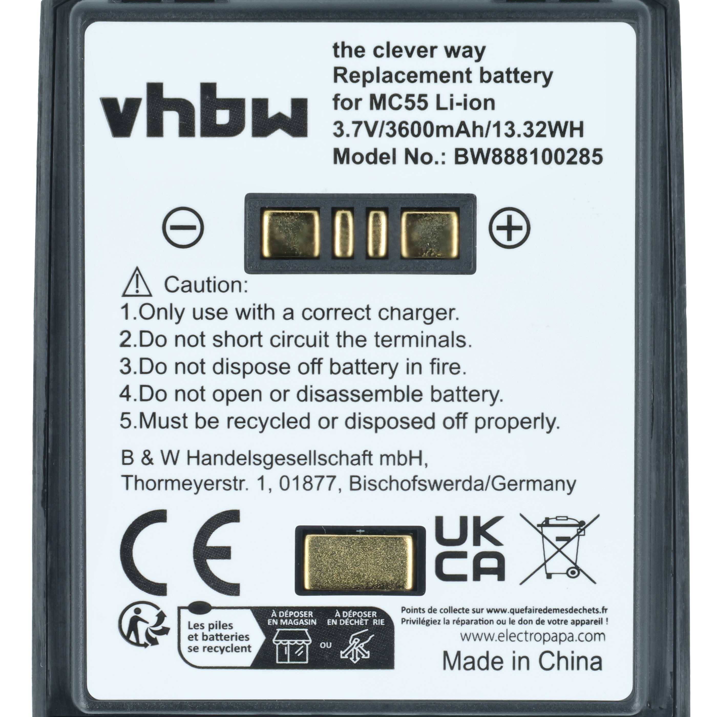 vhbw Akku Ersatz für Symbol BTRY-MC55EAB02 | 82-111094-01, U60493 für Mobilcomputer PDA Scanner (3600 mAh, 3,7 V-3