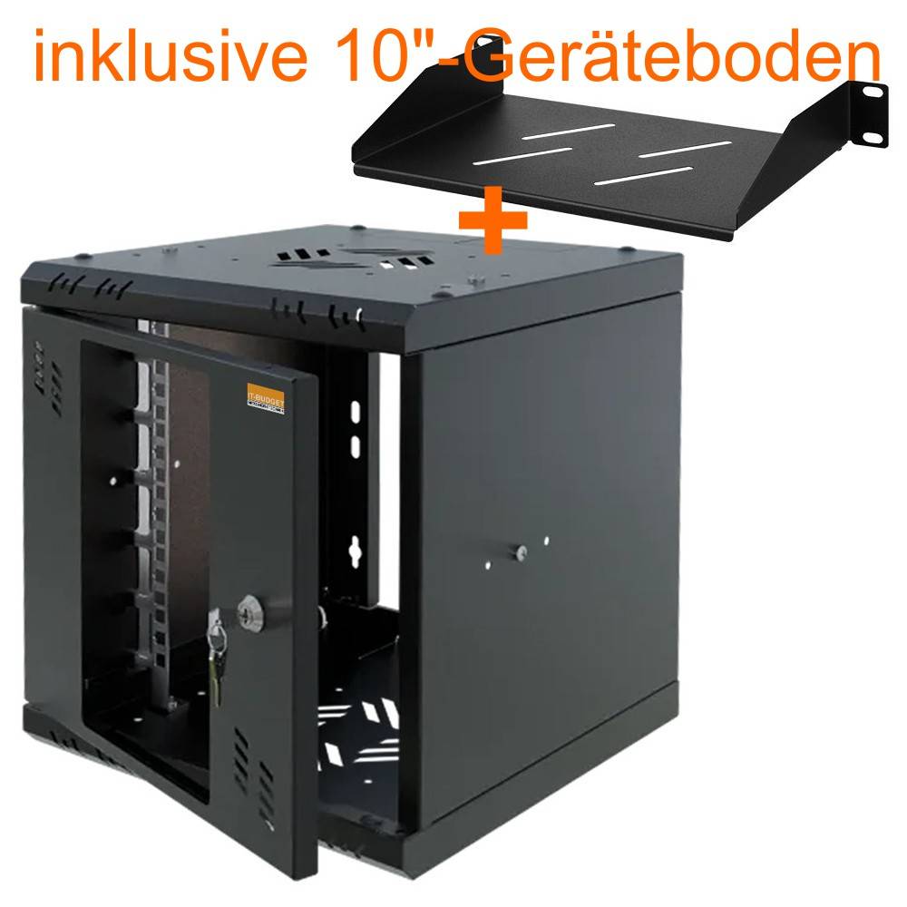 10 Zoll Wandgehäuse inkl. 10 Fachboden 6 HE 300 mm Tiefe Sichttür mit Schloss schwarz