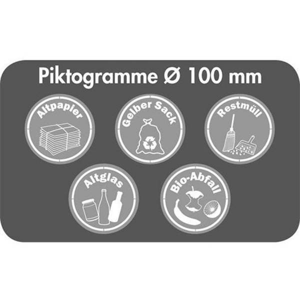 Stumpf Piktogramm-Set für Abfallbehälter, Ø 100 mm, weiß auf transparenter Folie, 5 Stück