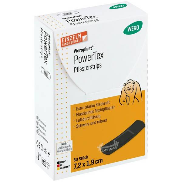Weroplast® PowerTex Pflasterstrips 50 Stück einzeln eingesiegelt, je 7,2 x 1,9 cm