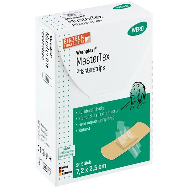 Weroplast® MasterTex Pflasterstrips, 50 Stück einzeln eingesiegelt, 7,2 x 2,5 cm