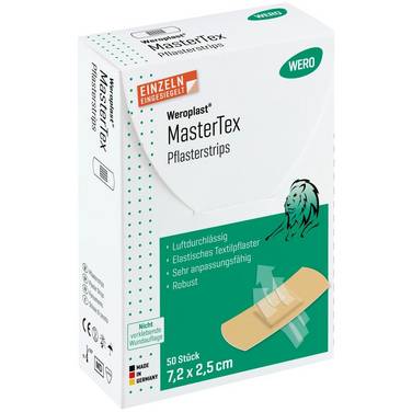 Weroplast® MasterTex Pflasterstrips, 50 Stück einzeln eingesiegelt, 7,2 x 2,5 cm