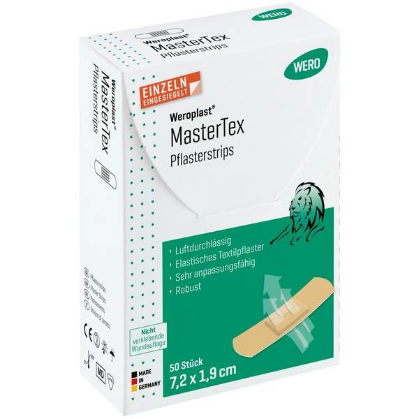 Weroplast® MasterTex Pflasterstrips, 50 Stück einzeln eingesiegelt, 7,2 x 1,9 cm