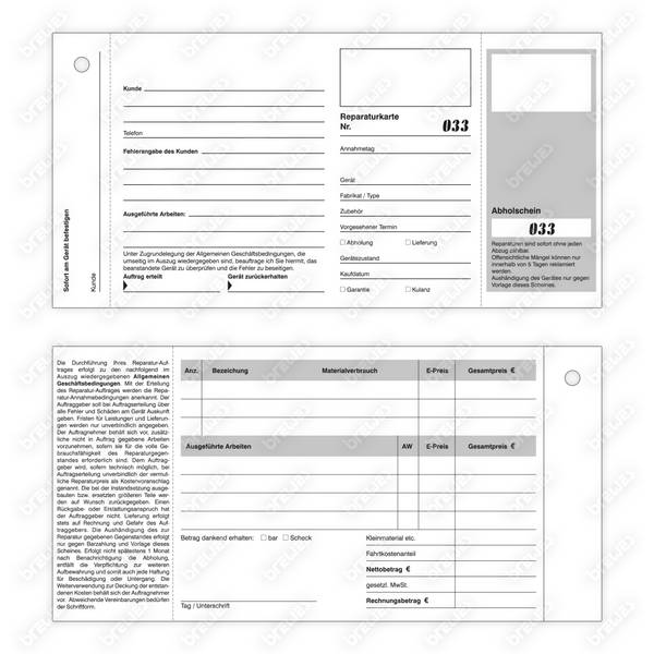 Reparaturkarten für Reparaturaufträge, 100 Karten pro Verpackungseinheit
