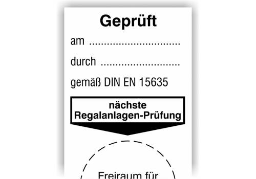 Grundplakette, Geprüft am… durch… gemäß DIN EN 15635 - nächste Regalanlagen-Prüfung-1