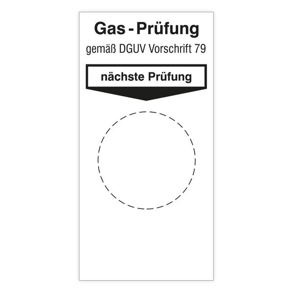 Grundplakette, Gas - Prüfung, Gemäß DGUV Vorschrift 79, nächste Prüfung, 40 x 80 mm