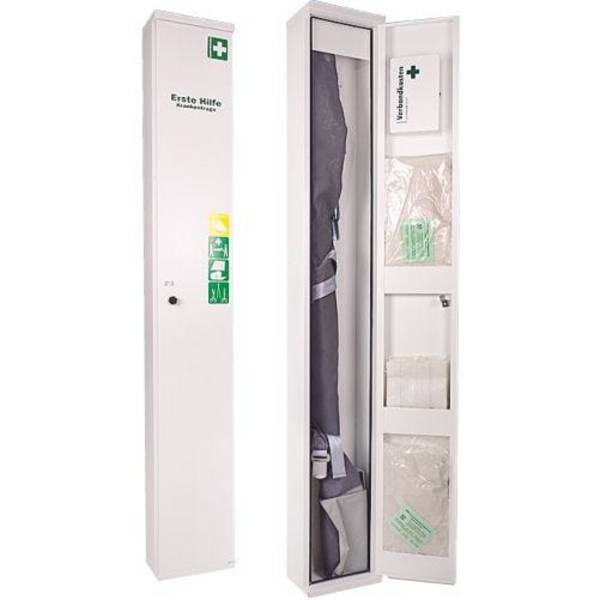 Stehschrank NovoLine4 mit Krankentrage,  Verbandskasten , Decken und Tragelaken