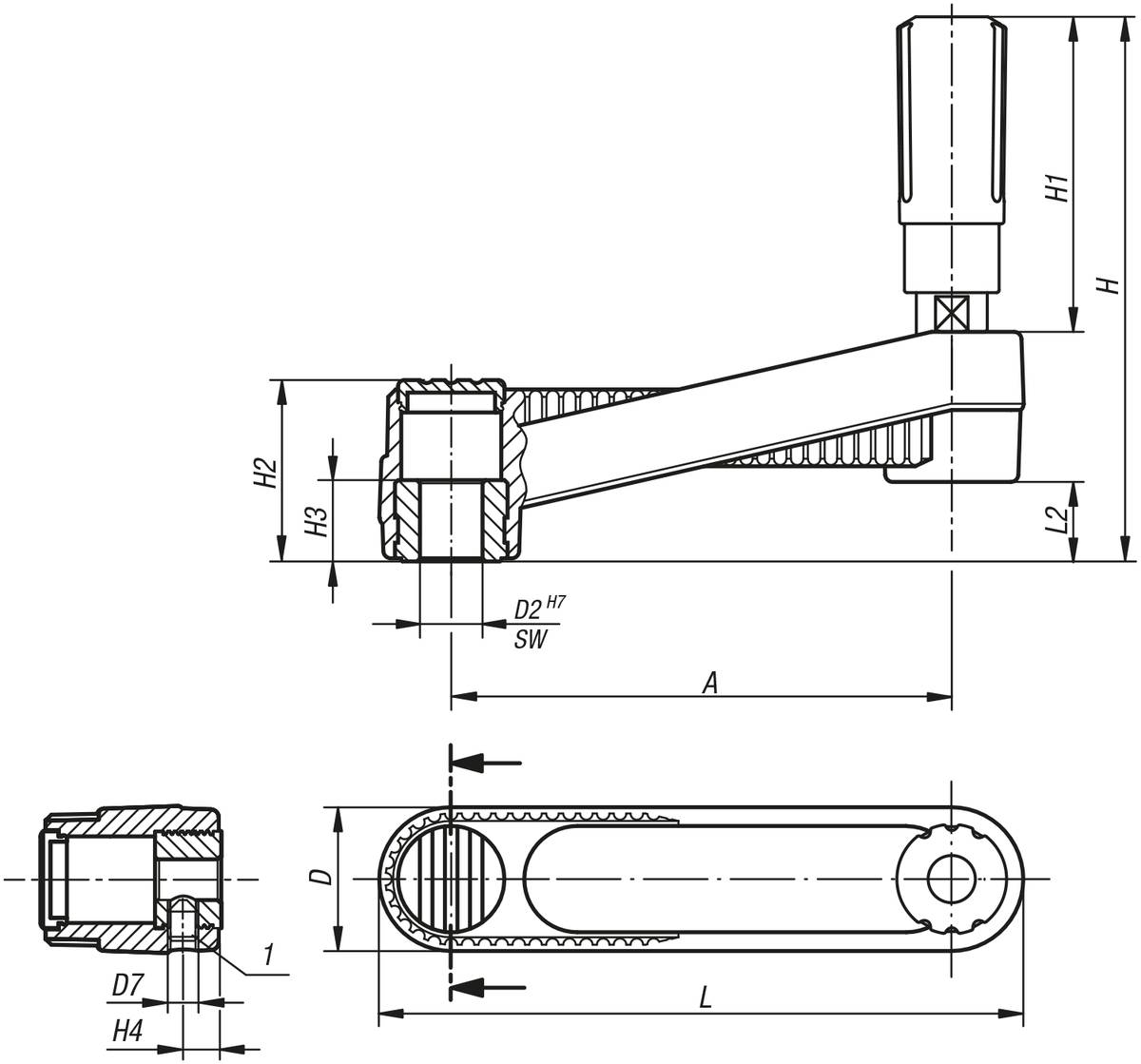 Norelem 06500-0331405, Handkurbel Passbohrung mit Nut, Thermoplast, schwarzgrau-1