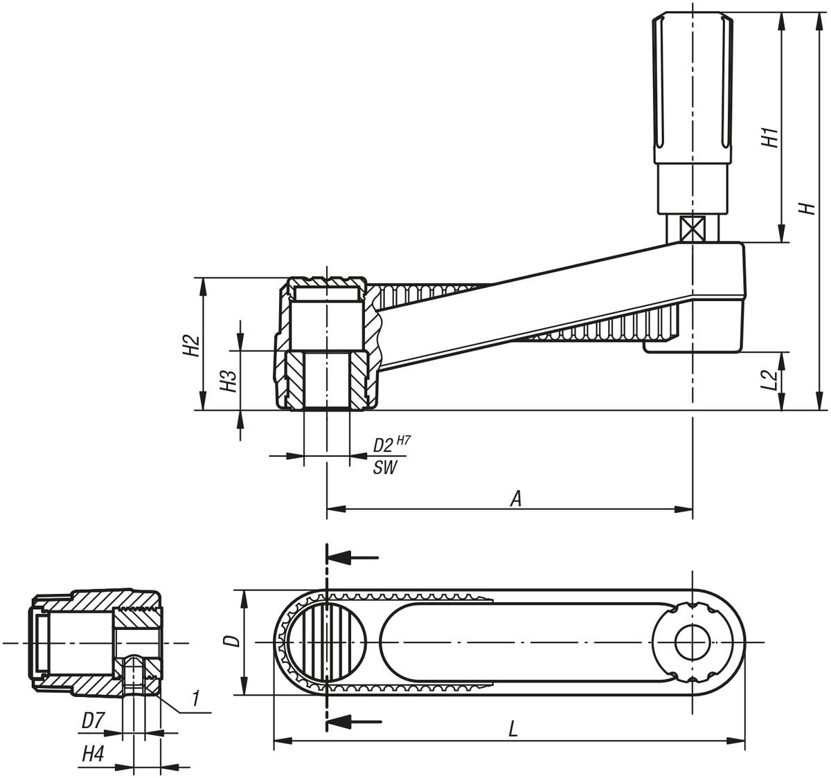 Norelem 06500-43146, Handkurbel Innenvierkant, Thermoplast, schwarzgrau RAL 7021-1