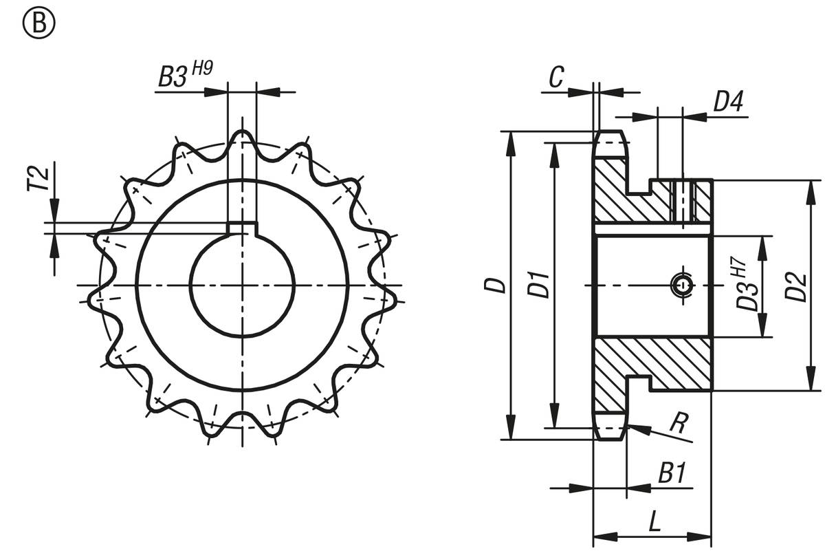 Norelem 22250-1058030801024, Kettenrad einfach, Stahl, blank-1