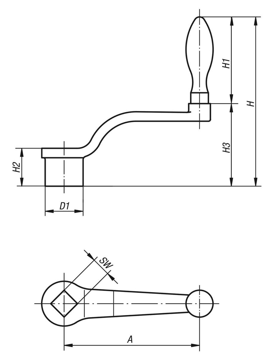 Norelem 06480-108X10, Handkurbel Innenvierkant, Grauguss, gestrahlt-1