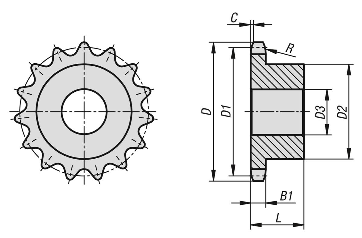 Norelem 22255-10580308019, Kettenrad einfach, Edelstahl, blank-1