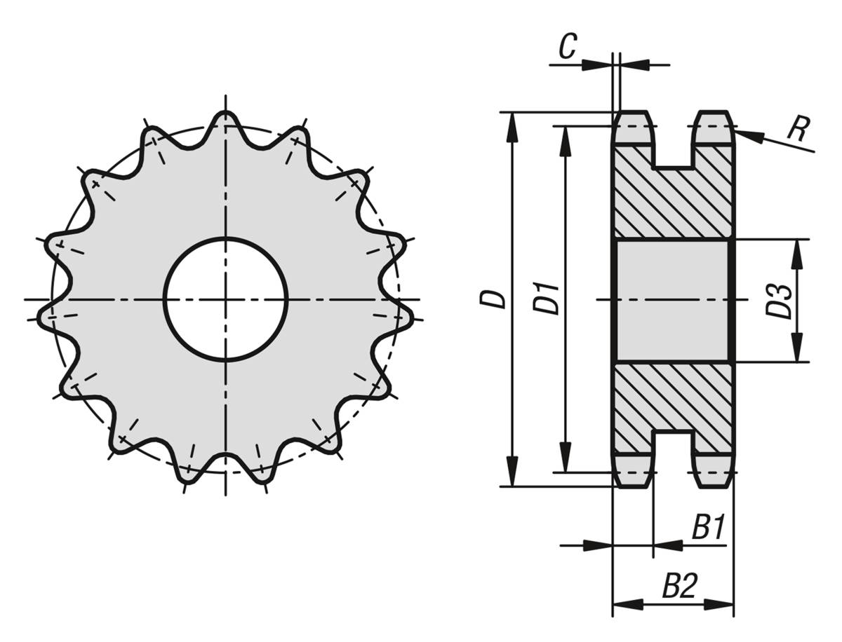 Norelem 22265-21121000050, Kettenrad 2-fach, Stahl, blank-1