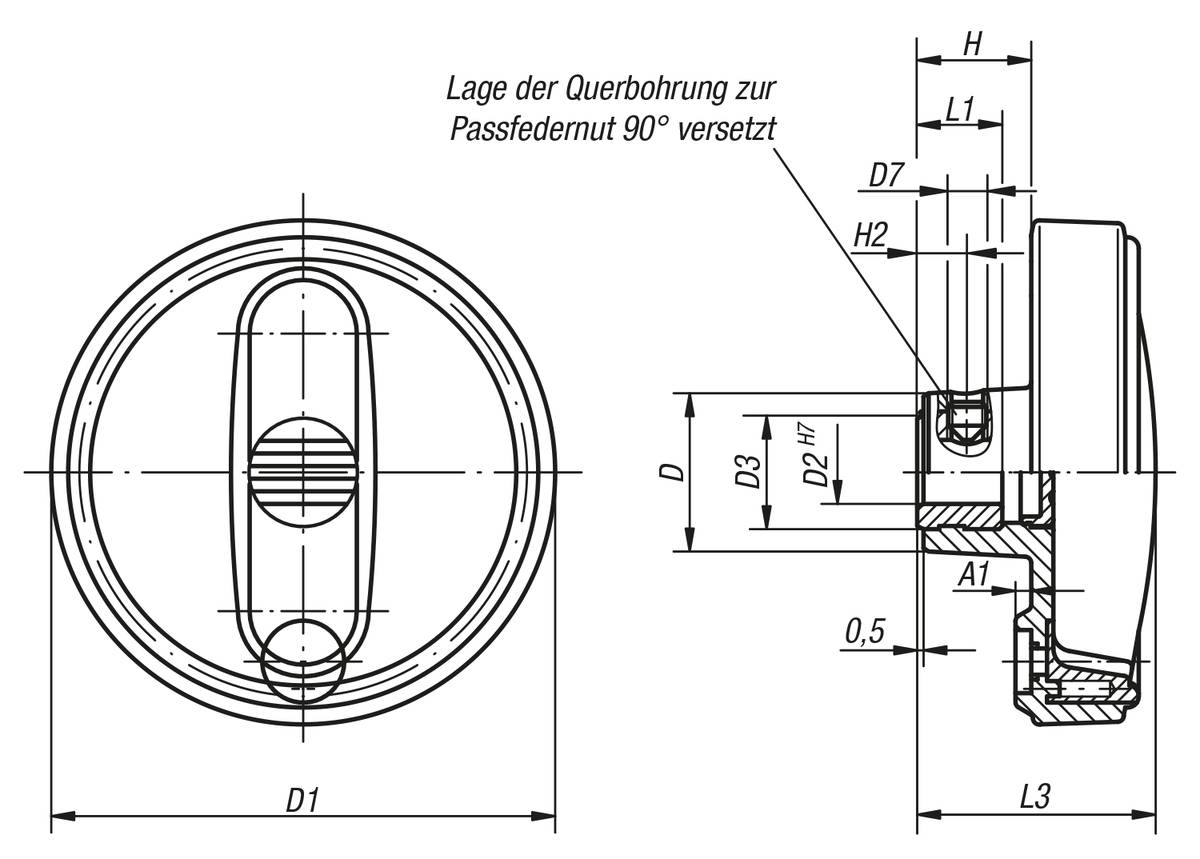 Norelem 06262-312512, Handrad Passbohrung, Thermoplast, schwarzgrau-1
