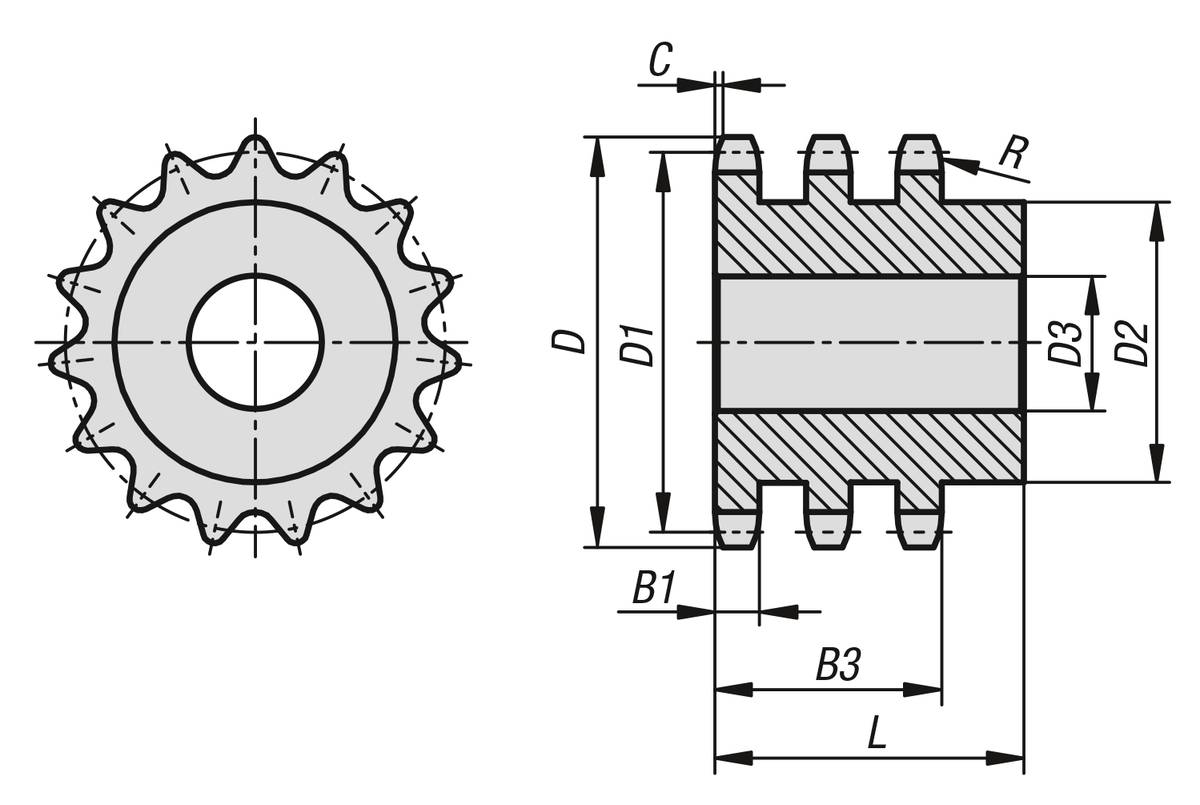 Norelem 22254-31001702045, Kettenrad 3-fach, Stahl, blank-1