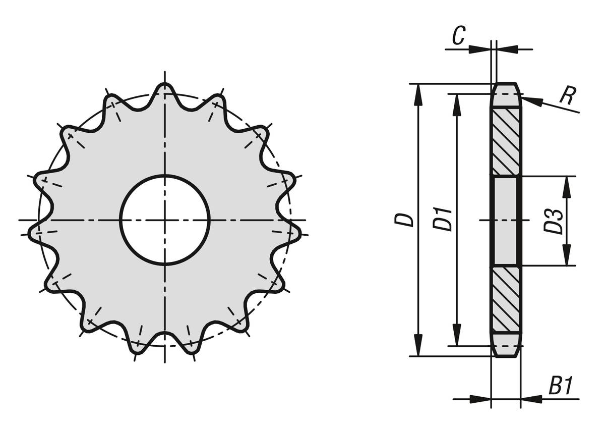 Norelem 22264-21121000012, Kettenradscheibe einfach, Stahl, blank-1