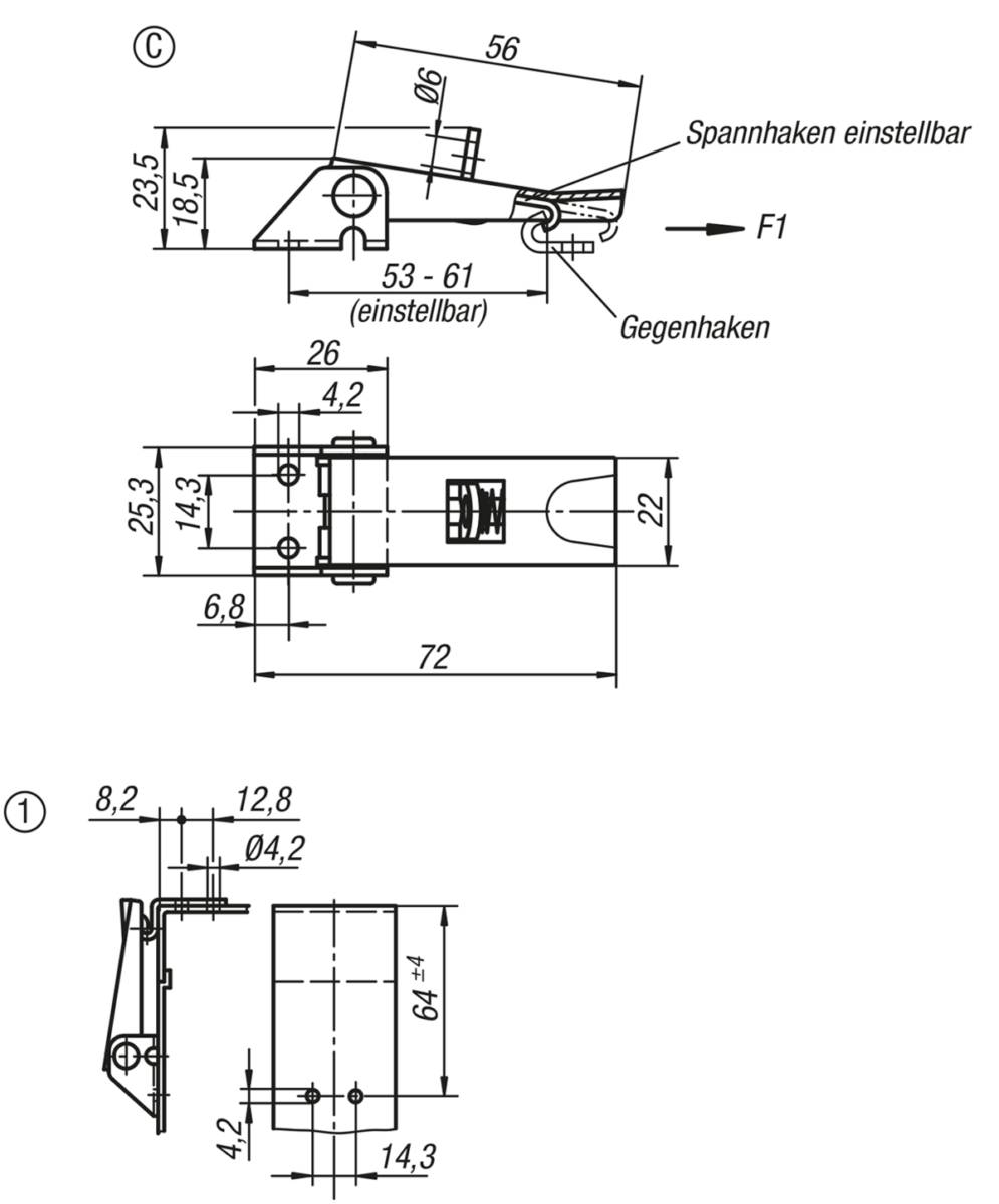 Norelem 05540-3420722, Spannverschluss mit Spannhaken einstellbar, Edelst.-1