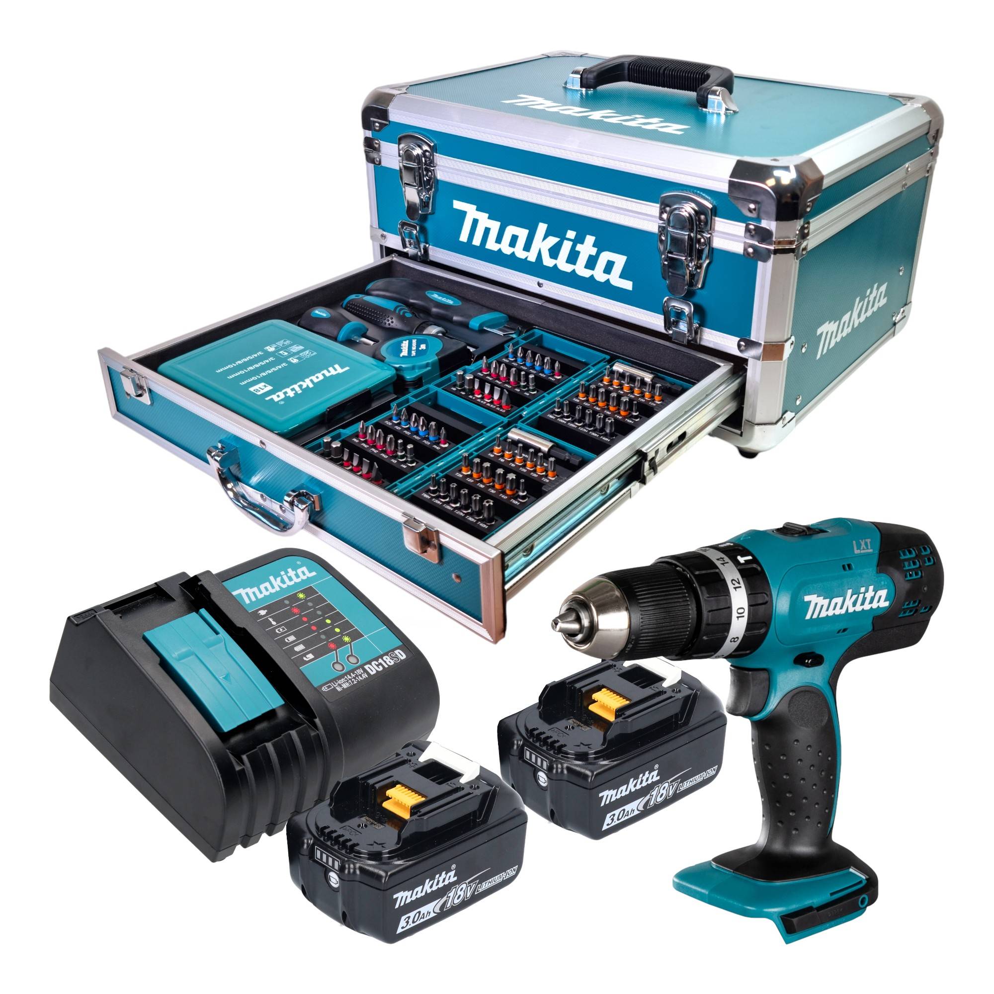 Makita DHP 453 SFX9 Akku Schlagbohrschrauber 18 V 42 Nm + 2x Akku 3,0 Ah + Ladegerät + 96 tlg. Zubehör Set + Koffer-0