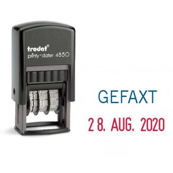 Trodat Printy Dater 4850L, Datumstempel mit Text GEFAXT, Abdruck 25 x 14 mm, blau/rot