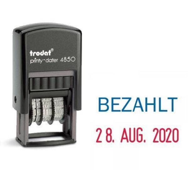 Trodat Printy Dater 4850L, Datumstempel mit Text BEZAHLT, Abdruck 25 x 14 mm, blau/rot