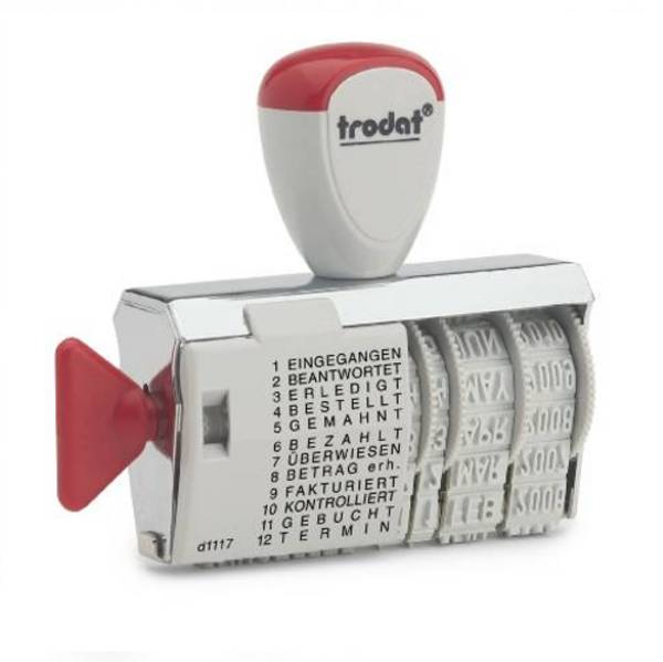 Trodat Classic D1117, Wortbandstempel mit Datum, 12 Texte, Abdruck 4 x 56 mm