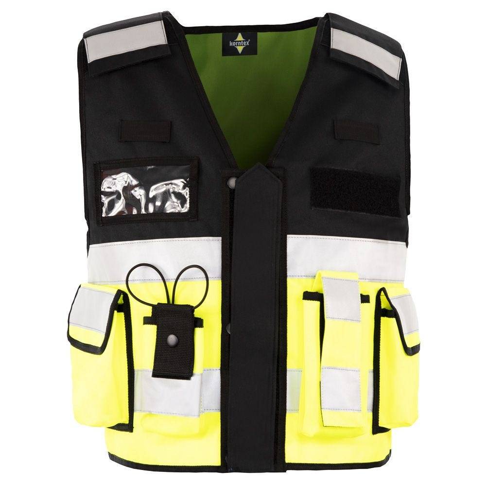 Signalweste, Einsatzweste, gelb/schwarz, Gr. M/XL, Größenverstellbar, Multifunktional mit Taschen-0