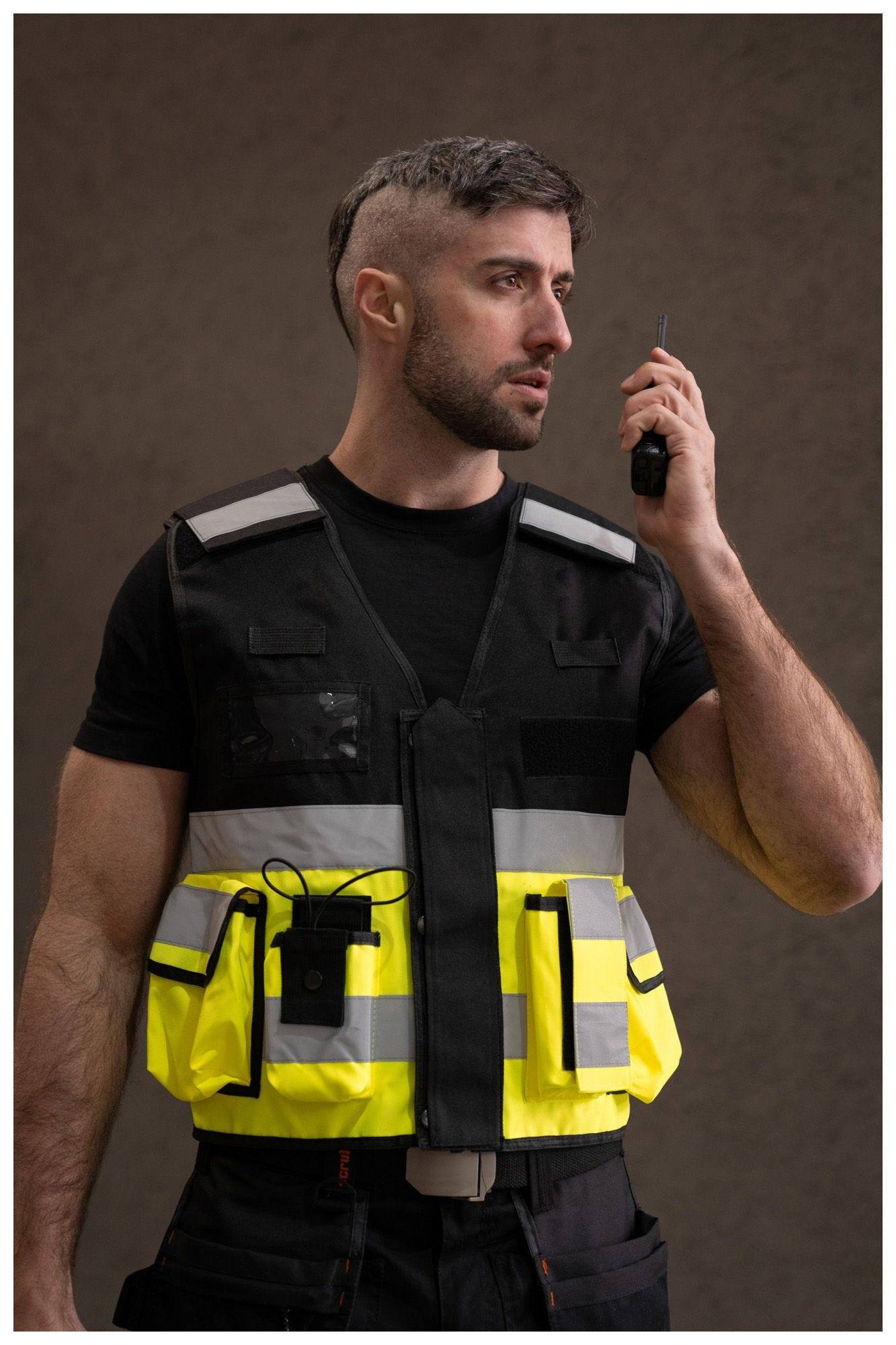 Signalweste, Einsatzweste, gelb/schwarz, Gr. M/XL, Größenverstellbar, Multifunktional mit Taschen-2